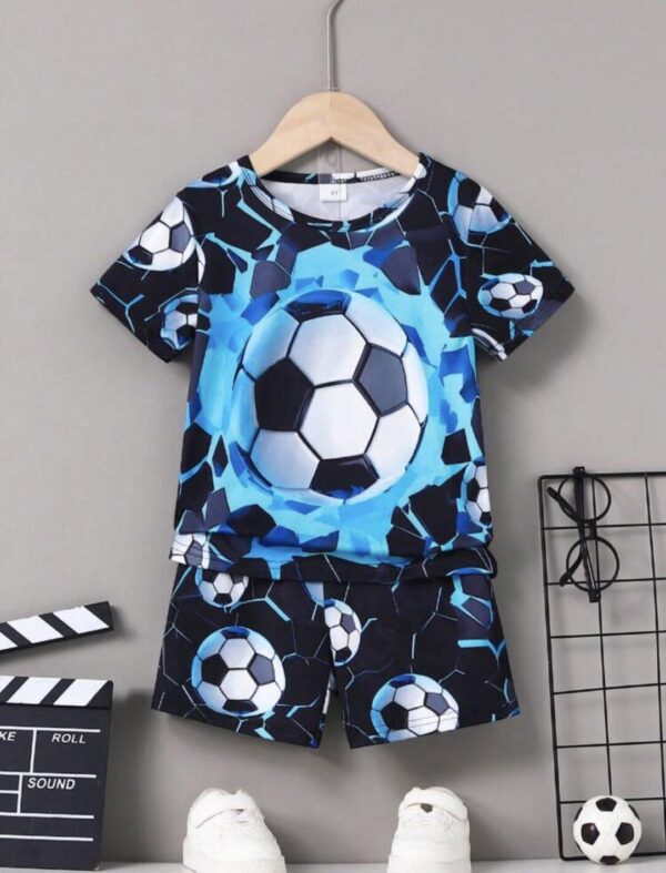 Young Boy Short Sleeve T-Shirt And Shorts Set, Cool Soccer Pattern Print- 5 years